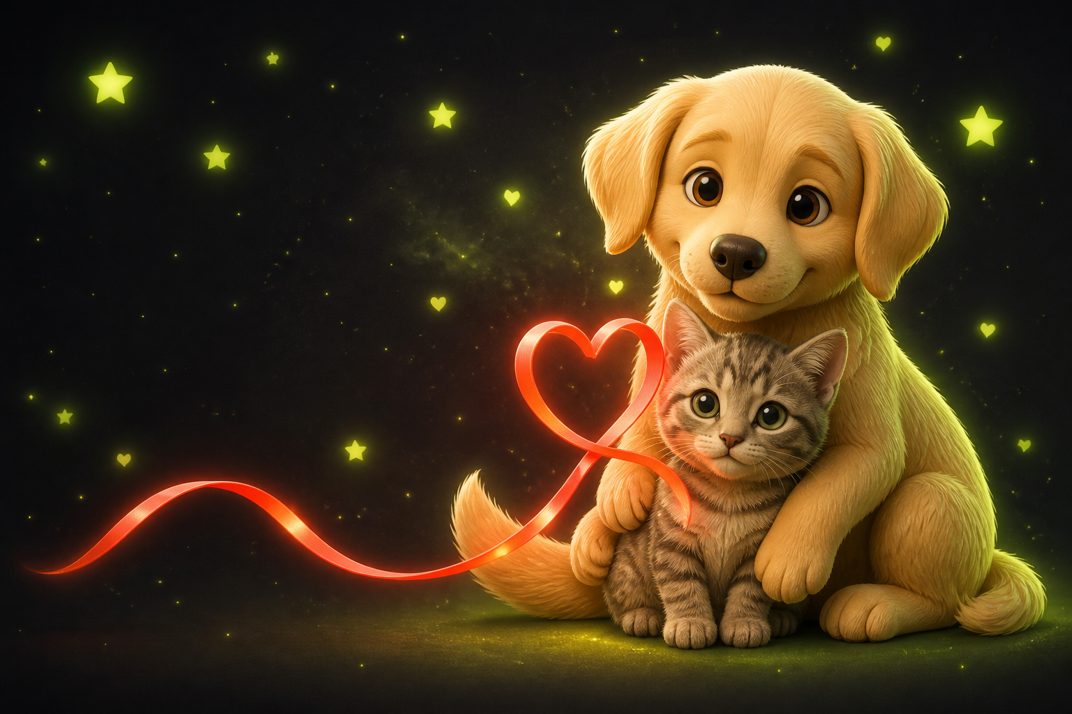 A golden rescue dog hugging a tiny tabby kitten, connected by a glowing heart