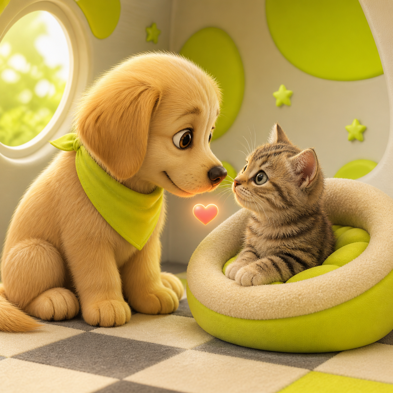 A caring rescue dog meeting a recovering tabby kitten
